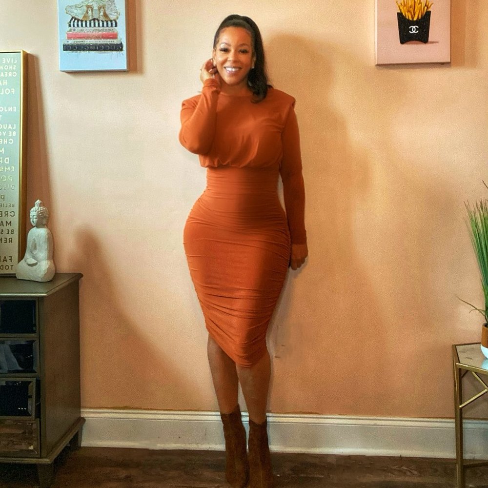 Rust Sheer Midi Dress With Ruching